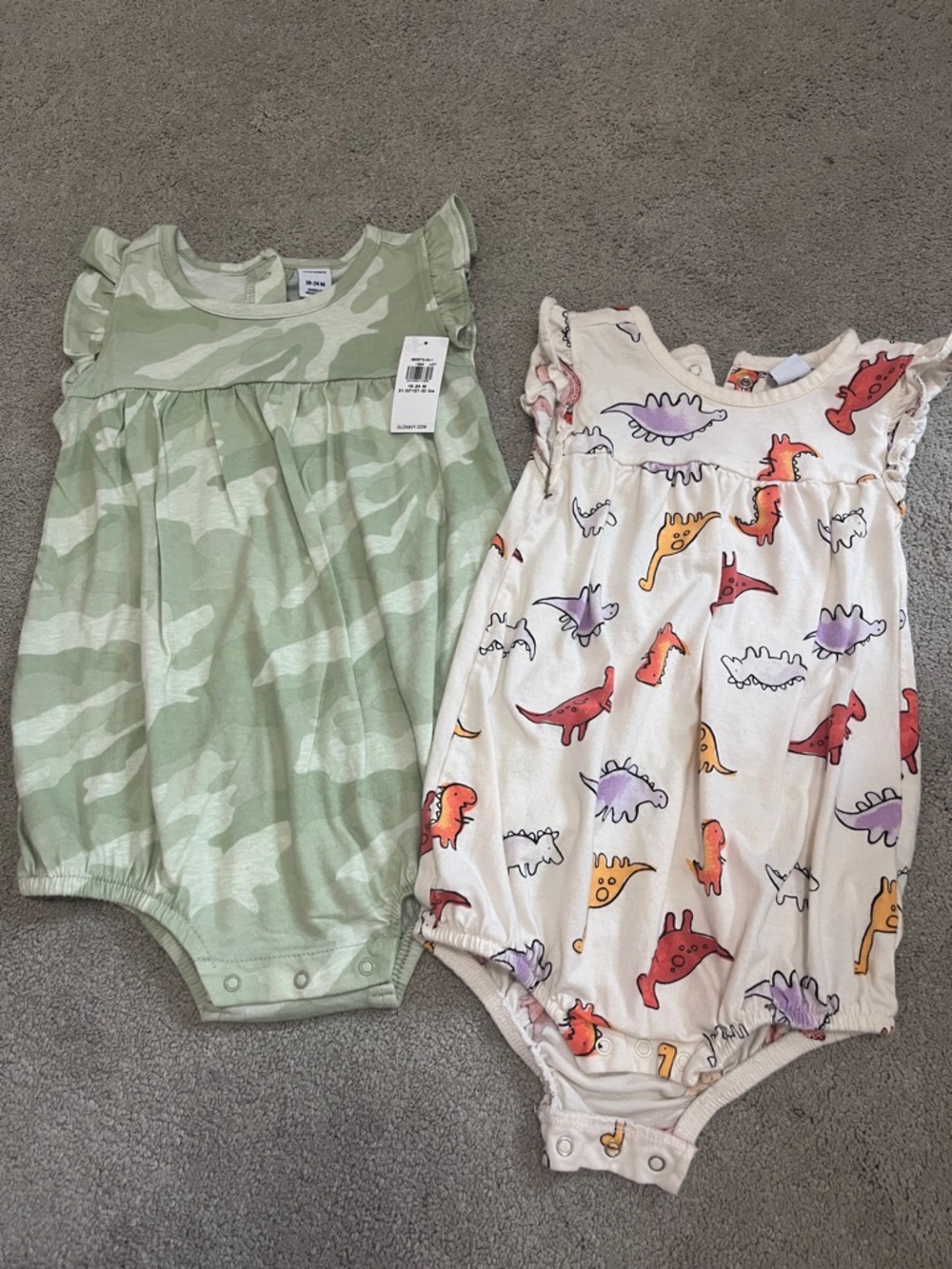 Set of 2 Girls Camouflage & Dino Ruffle Rompers - Sage Green & Cream